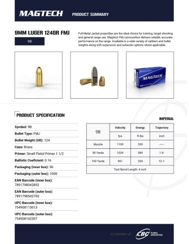 Munitions Magtech 9x19 124gr boîte de 50