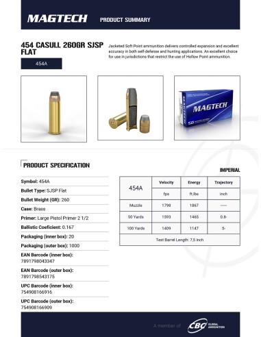 MUNITIONS MAGTECH 454 CASULL 260GR...